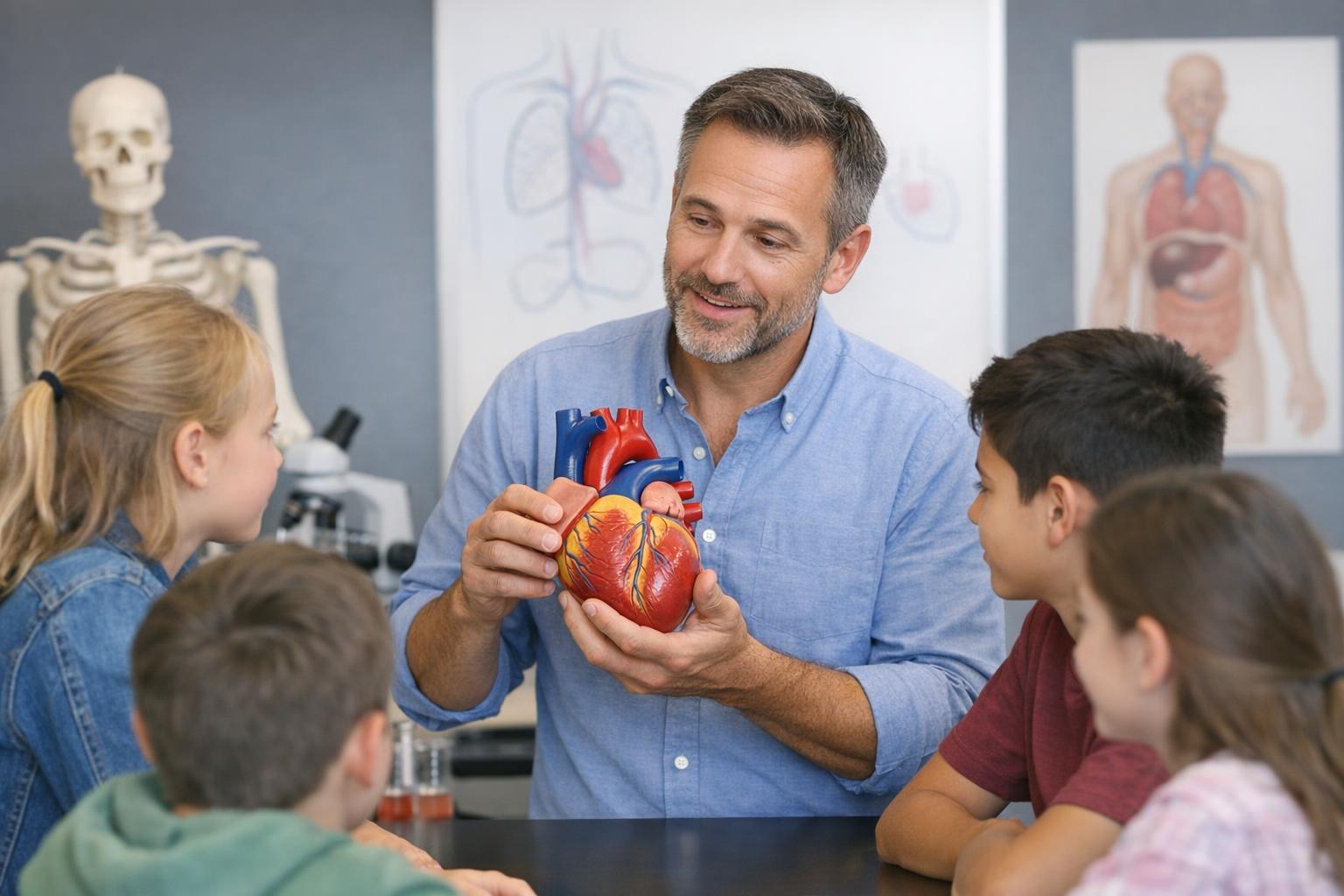 nauczyciel pokazujący model anatomiczny serca uczniom