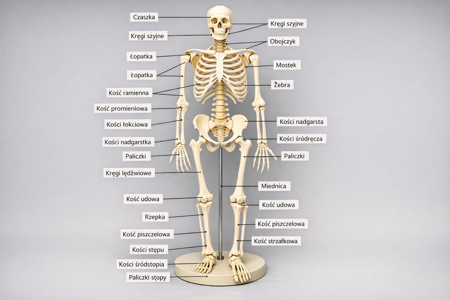 Model anatomiczny szkieletu z wyszczególnionymi elementami kostnymi