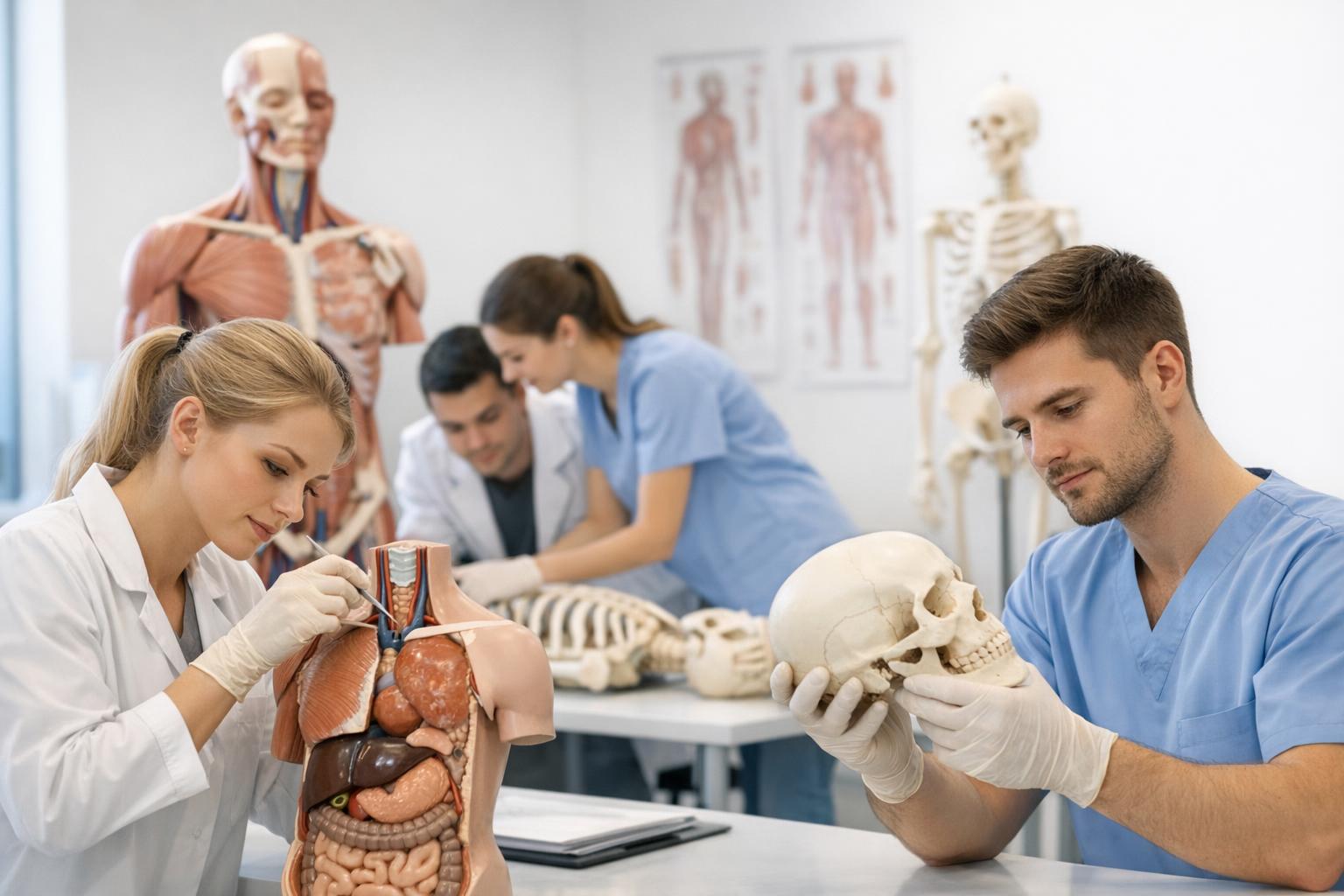 Zdjęcie studentów ćwiczących na modelach anatomicznych w sali ćwiczeń